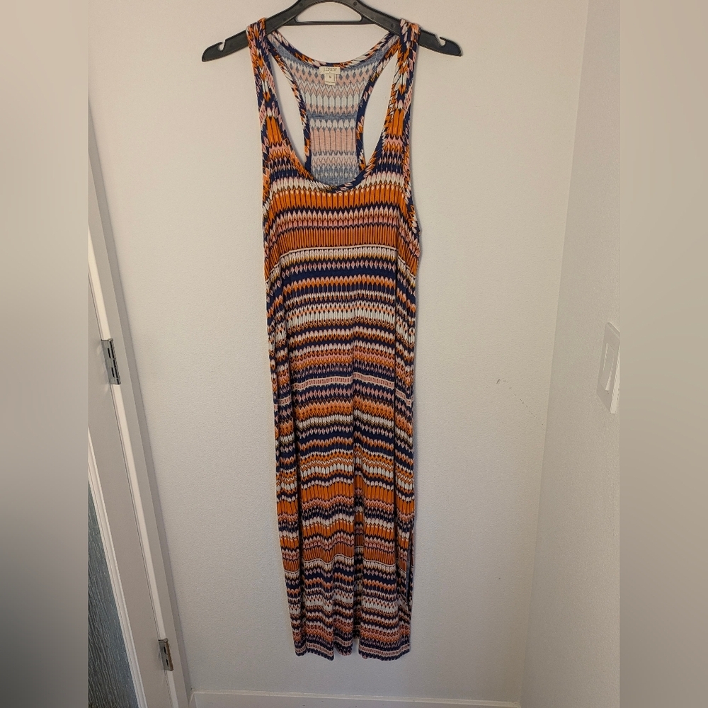 J. Crew Maxi Dress Size M Orange Blue Ivory Geometric Side Slit EUC Bodycon